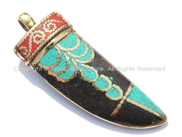 Long Tibetan Horn Tusk Pendant with Turquoise, Coral, Black & Brass Inlays with Brass Cap - Ethnic Tribal Boho Tibetan Horn Pendant - WM5015