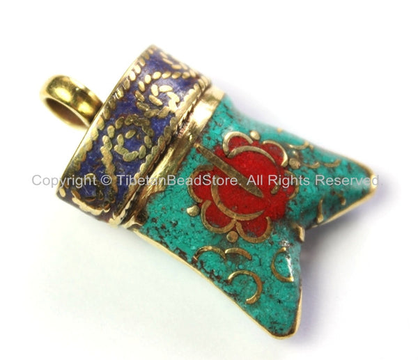 Double-Horn Tusk Tibetan Pendant with Brass, Turquoise, Lapis & Coral Inlays - Boho Tribal Ethnic Tibetan Horn Pendant Amulet - WM4230