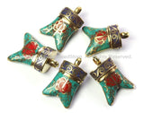 Double-Horn Tusk Tibetan Pendant with Brass, Turquoise, Lapis & Coral Inlays - Boho Tribal Ethnic Tibetan Horn Pendant Amulet - WM4230