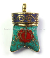Double-Horn Tusk Tibetan Pendant with Brass, Turquoise, Lapis & Coral Inlays - Boho Tribal Ethnic Tibetan Horn Pendant Amulet - WM4230