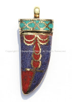 Tibetan Horn Tusk Amulet Pendant with Brass, Lapis, Turquoise & Coral Inlays - Boho Tribal Ethnic Tibetan Nepalese Horn Amulet - WM5033