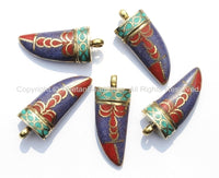 Tibetan Horn Tusk Amulet Pendant with Brass, Lapis, Turquoise & Coral Inlays - Boho Tribal Ethnic Tibetan Nepalese Horn Amulet - WM5033