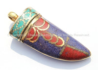 Tibetan Horn Tusk Amulet Pendant with Brass, Lapis, Turquoise & Coral Inlays - Boho Tribal Ethnic Tibetan Nepalese Horn Amulet - WM5033