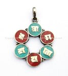 Tibetan Om Mani Mantra Ring Pendant with Turquoise & Coral Inlays - Om Aum Ohm - Ethnic Nepal Tibetan Jewelry - WM2386