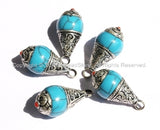 2 PENDANTS - Blue Crackle Copal Tibetan Healing Amulet Pendants with Tibetan Silver Caps - Handmade Ethnic Tibetan Pendant - WM2834-2