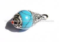2 PENDANTS - Blue Crackle Copal Tibetan Healing Amulet Pendants with Tibetan Silver Caps - Handmade Ethnic Tibetan Pendant - WM2834-2