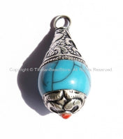 2 PENDANTS - Blue Crackle Copal Tibetan Healing Amulet Pendants with Tibetan Silver Caps - Handmade Ethnic Tibetan Pendant - WM2834-2