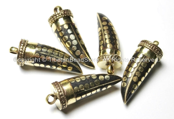 2 PENDANTS - Tibetan Dot Inlaid Tusk Horn Pendants - Ethnic Tibetan Boho Horn Tooth Tusk Amulet Pendants - WM4022B-2