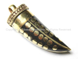 2 PENDANTS - Tibetan Dot Inlaid Tusk Horn Pendants - Ethnic Tibetan Boho Horn Tooth Tusk Amulet Pendants - WM4022B-2