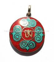 Tibetan Om & Double Vajra Pendant with Brass, Turquoise, Coral Inlays - Om Aum Ohm Pendant - Yoga Meditation Jewelry - WM2996