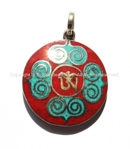 Tibetan Om & Double Vajra Pendant with Brass, Turquoise, Coral Inlays - Om Aum Ohm Pendant - Yoga Meditation Jewelry - WM2996