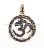Tibetan Carved Sanskrit Om Brass Pendant with Lapis Inlay - Om Aum Ohm Mantra Pendant - Om Pendant - WM1722