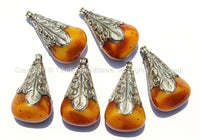 Tibetan Amber Copal Resin Drop Pendant with Repousse Tibetan Silver Cap - Tibetan Amber Pendant - Ethnic Tribal Tibetan Jewelry - WM4068B