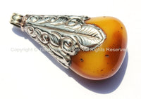 Tibetan Amber Copal Resin Drop Pendant with Repousse Tibetan Silver Cap - 27-28mm x 47-49mm - Ethnic Tribal Tibetan Jewelry - WM4068