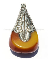Tibetan Amber Copal Resin Drop Pendant with Repousse Tibetan Silver Cap - 27-28mm x 47-49mm - Ethnic Tribal Tibetan Jewelry - WM4068