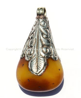 Tibetan Amber Copal Resin Drop Pendant with Repousse Tibetan Silver Cap - 27-28mm x 47-49mm - Ethnic Tribal Tibetan Jewelry - WM4068