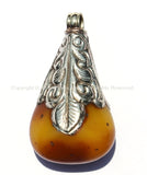 Tibetan Amber Copal Resin Drop Pendant with Repousse Tibetan Silver Cap - Tibetan Amber Pendant - Ethnic Tribal Tibetan Jewelry - WM4068B