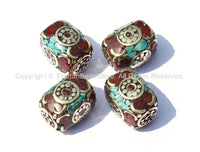 4 Beads - Tibetan Rectangle Box Beads with Brass, Turquoise & Coral Inlays - Unique Tibetan Beads - B273