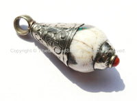 2 PENDANTS - Ethnic Tibetan Antiqued Conch Shell Drop Charm Pendants with Carved Tibetan Silver Caps & Coral Accent - WM6031-2