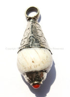 2 PENDANTS - Ethnic Tibetan Antiqued Conch Shell Drop Charm Pendants with Carved Tibetan Silver Caps & Coral Accent - WM6031-2