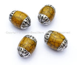 4 beads - Tibetan Yellow Crackle Resin Beads with Tibetan Silver Caps - Ethnic Nepal Tibetan Beads - B954