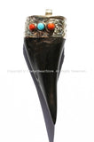 Tibetan Horn Pendant with Repousse Tibetan Silver Cap - Boho Ethnic Tribal Tibetan Horn Tusk Tooth Amulet Pendant - WM2894