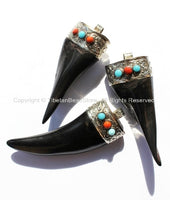 Tibetan Horn Pendant with Repousse Tibetan Silver Cap - Boho Ethnic Tribal Tibetan Horn Tusk Tooth Amulet Pendant - WM2894