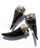 Tibetan Horn Pendant with Repousse Tibetan Silver Cap - Boho Ethnic Tribal Tibetan Horn Tusk Tooth Amulet Pendant - WM2894