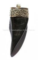 Tibetan Horn Pendant with Repousse Tibetan Silver Cap - Boho Ethnic Tribal Tibetan Horn Tusk Tooth Amulet Pendant - WM2894