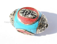 Large Tibetan Blue Crackle Resin Bead with Tibetan Silver Caps & Auspicious Conch, Red Copal Inlays - LARGE Ethnic Focal Bead - B2512-1