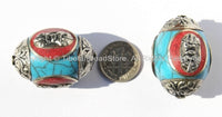 Large Tibetan Blue Crackle Resin Bead with Tibetan Silver Caps & Auspicious Conch, Red Copal Inlays - LARGE Ethnic Focal Bead - B2512-1