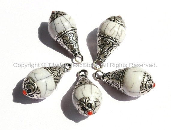 5 PENDANTS - Tibetan White Crackle Resin Charm Pendants with Tibetan Silver Caps - Handmade Ethnic Tibetan Pendant - WM2839-5