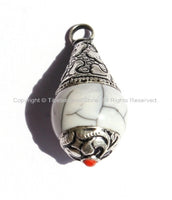 5 PENDANTS - Tibetan White Crackle Resin Charm Pendants with Tibetan Silver Caps - Handmade Ethnic Tibetan Pendant - WM2839-5