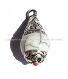 5 PENDANTS - Tibetan White Crackle Resin Charm Pendants with Tibetan Silver Caps - Handmade Ethnic Tibetan Pendant - WM2839-5