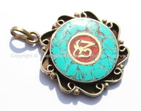 Ethnic Tibetan Round Brass OM Mantra Pendant with Turquoise & Coral Inlays - Tibetan OM Pendant - Ethnic Tribal Tibetan Jewelry - WM5115