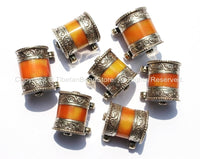 Ethnic Tibetan Amber Pendant with Double Bail & Repousse Tibetan Silver Caps - Double Bail Ethnic Amber Resin Tibetan Pendant - WM6036-1