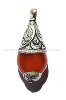 Tibetan Carnelian Healing Amulet Pendant with Tibetan Silver Caps - Handmade Ethnic Nepal Tibetan Jewelry - WM3003