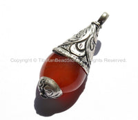Tibetan Carnelian Healing Amulet Pendant with Tibetan Silver Caps - Handmade Ethnic Nepal Tibetan Jewelry - WM3003