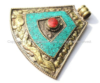 LARGE Ethnic Tibetan Brass Tribal Style Pendant with Repousse Dragon, Floral Details, Turquoise & Coral Inlays - Tibetan Pendant Jewelry - WM5531