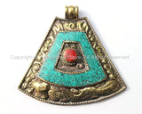 LARGE Ethnic Tibetan Brass Tribal Style Pendant with Repousse Dragon, Floral Details, Turquoise & Coral Inlays - Tibetan Pendant Jewelry - WM5531