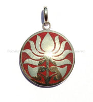 Tibetan Auspicious Symbol Lotus Pendant with Brass & Coral Inlay - WM1693