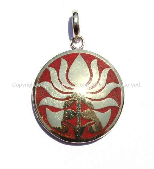 Tibetan Auspicious Symbol Lotus Pendant with Brass & Coral Inlay - WM1693
