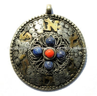 Tibetan Filigree Mantra Pendant with Brass, Coral & Lapis Inlays - WM319