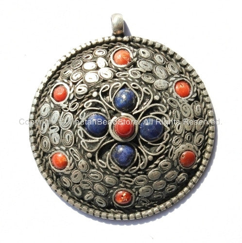 Tibetan Pendant - Filigree Pendant with Coral & Lapis Inlays - Ethnic Nepal Tibetan Handmade Pendant Jewelry TibetanBeadStore - WM431