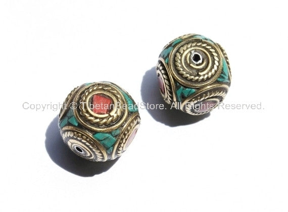 2 beads - Nepal Tibetan Brass Bead with Turquoise & Coral Inlay 16mm x 16mm - Nepal Tibetan Cube Inlay Beads - B1150-2