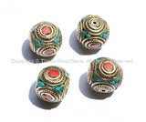 4 beads - Nepal Tibetan Brass Bead with Turquoise & Coral Inlay 16mm x 16mm - Nepal Tibetan Cube Inlay Beads - B1150-4