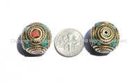 4 beads - Nepal Tibetan Brass Bead with Turquoise & Coral Inlay 16mm x 16mm - Nepal Tibetan Cube Inlay Beads - B1150-4