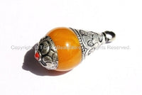 5 PENDANTS - Tibetan Amber Resin Drop Pendants with Tibetan Silver Caps - Handmade Tribal Ethnic Tibetan Pendant - WM2836-5