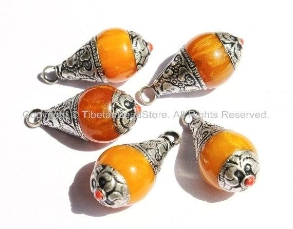 5 PENDANTS - Tibetan Amber Resin Drop Pendants with Tibetan Silver Caps - Handmade Tribal Ethnic Tibetan Pendant - WM2836-5