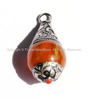 5 PENDANTS - Tibetan Amber Resin Drop Pendants with Tibetan Silver Caps - Handmade Tribal Ethnic Tibetan Pendant - WM2836-5